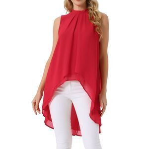 Casual Tie Back Asymmetrical Sleeveless Mock Neck Flowy Blouse Tops Red